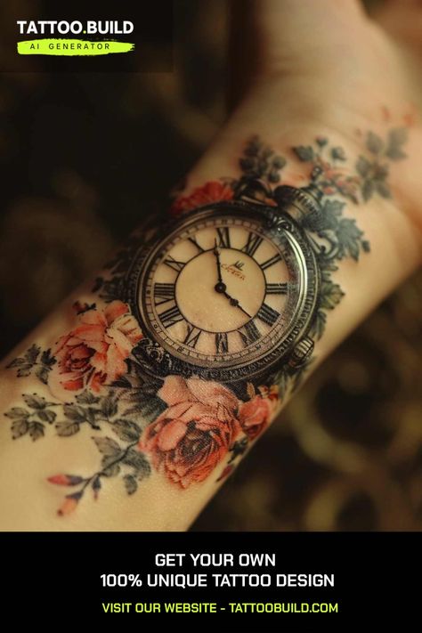 Clock Tattoo Ideas (Ideas, Design & Inspiration) - Tattoo Build Tattoos For Women Delicate, Clock Tattoo Ideas, Time Clock Tattoo, Time Piece Tattoo, Wrist Clock, Clock Tattoos, Thorn Tattoo, Glass Tattoo, Pocket Watch Tattoos