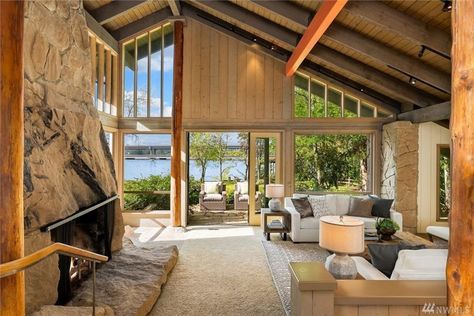 Northwest Contemporary, River Rock Fireplaces, Log Bench, Cave Room, Lake Washington, Sunken Living Room, Small Fireplace, Rock Fireplaces, Corner Window