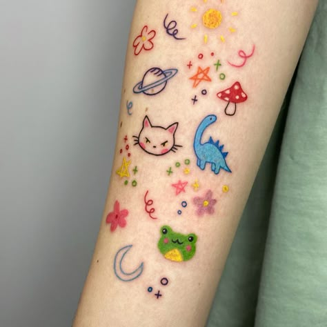 Colored Line Tattoo, Colorful Small Tattoos, Color Line Tattoo, Lisa Frank Tattoo, Small Color Tattoo, Colourful Tattoo, Small Colorful Tattoos, Tattoo Colorful, Henna Tattoo Designs Arm