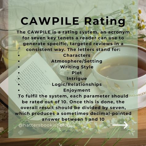 📚 Let me introduce you to the CAWPILE Rating System! The system i’ll be using to review all my books 🌟 Here’s how it works: CAWPILE stands for: 1. C - Characters:** Are the characters well-developed and relatable? 2. A - Atmosphere:** How immersive is the setting and mood? 3. W - Writing Style:** Is the writing engaging and effective? 4. P - Plot:** How captivating and well-paced is the storyline? 5. I - Intrigue:** Does the book hold your interest from start to finish? 6. L - Logic:** Are ... Cawpile Book Rating, Book Rating System, Ipad Reading, 2025 Journal, Book Reading Journal, Character Actions, Rating System, Writing Style, Reading Tips