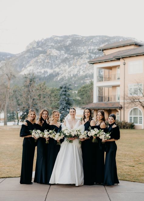 Bridesmaids with bride on wedding day at The Broadmoor Resort Black Bridesmaid Dresses Winter Wedding, The Broadmoor Wedding, Black Winter Bridesmaid Dresses, Black Bridesmaid Dresses Winter, Black Bridesmaid Dress Winter, Winter Wedding Bridal Party, Black And White Winter Wedding, Black Winter Wedding, Broadmoor Wedding