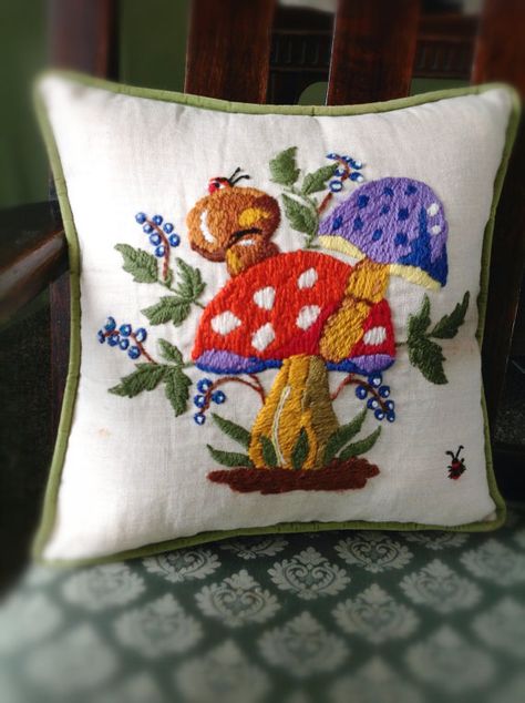 Vintage Crewel Accent Mushroom & Floral Pillow by ReDigIt on Etsy, $15.00 Toadstool Ornaments, Cottage Girl, Cottage Core Home, Vintage Mushroom, Vintage Needlepoint, Needlepoint Pillows, Cute House, Crewel Embroidery, Pillow Talk