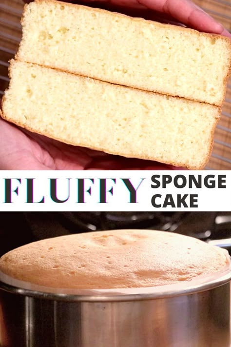 2 photos of fluffy sponge cake, one on a hand and the other in a oven Fluffy Sponge Cake Recipe, Sponge Cake Recipe Best, Genoise Sponge Cake, Basic Sponge Cake Recipe, Easy Sponge Cake Recipe, Cake Flour Recipe, Fluffy Sponge Cake, Genoise Sponge, Lemon Sponge Cake