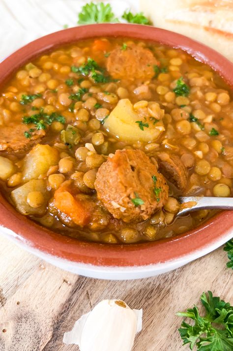 Spanish Chorizo Recipes, Basque Food, Spanish Chorizo, Spicy Stew, Spanish Paella, Chorizo Recipes, Spanish Recipes, Gluten Free Recipe, Lentil Stew