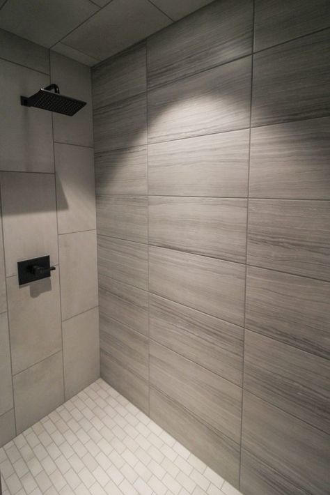 Gray Tiled Shower Gray Shower Tile Ideas Wall, 12x24 Shower Wall Tile Vertical Stacked, Shower Tile Gray, Large Tile Bathroom, Master Shower Tile, Painted Shelves, Large Shower Tile, Tiled Showers, Gray Shower Tile