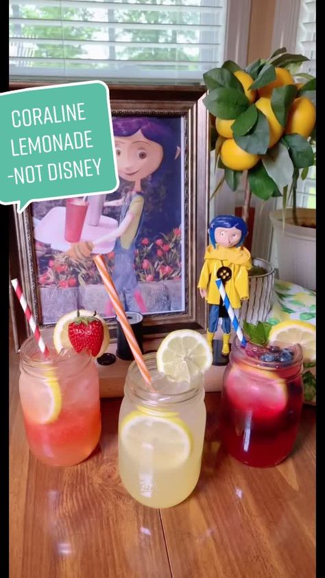 Coraline Themed Drinks, Coraline Party, Laika Studios, Blueberry Lemonade, Themed Drinks, Strawberry Lemonade, Movie Nights, Coraline, Movie Night