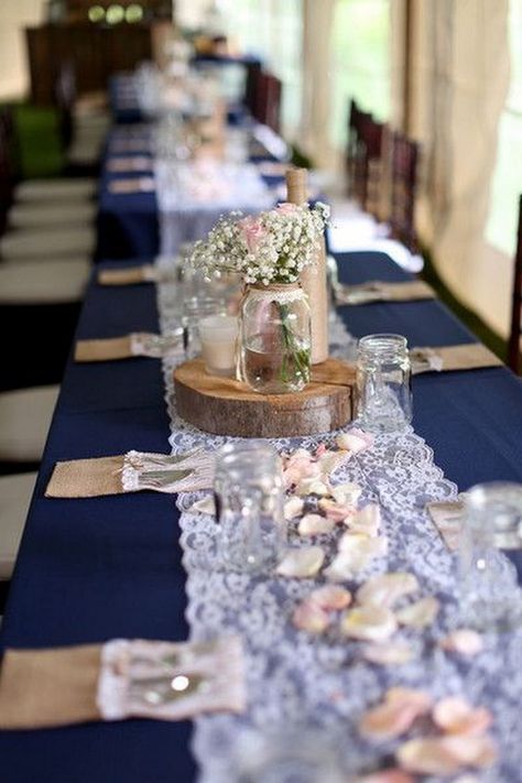 Lace runners and navy blue linens dressed up the banquet tables via Jasmine Rose Photography Diy Wedding Reception Decorations, Diy Wedding Reception, Lace Runner, Orchard Wedding, Rustic Wedding Reception, Wedding Table Linens, Table Runners Wedding, Navy Blue Wedding, Banquet Tables