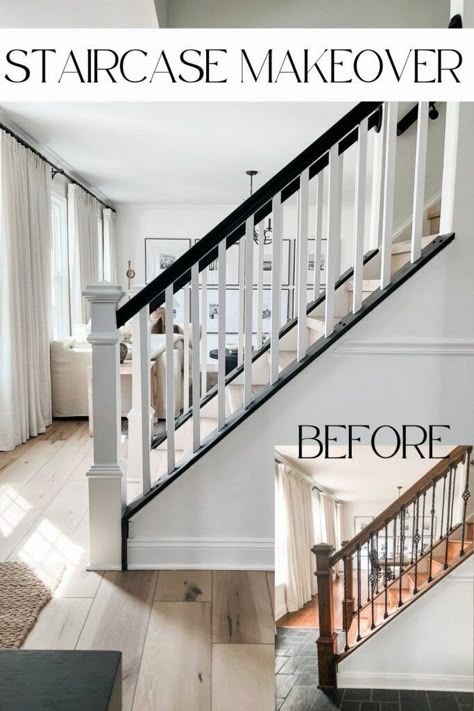 #remodeling #stairsmakeover #homdecor #stairsdecor Modern Wood Stairs Design, Staircase Makeover Before After, Interior Stair Railing Ideas Wood, Staircase Before And After, Updated Staircase Ideas, Lvp Stairs With White Risers, Staircase Remodel Before And After, Diy Banister Makeover, Painted Stair Banister Ideas