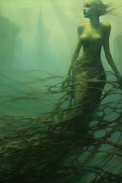 Siren Kingdom, Dark Mermaid Art, Green Mermaid Aesthetic, Swamp Siren, Swamp Mermaid, Creepy Mermaid, Mermay 2024, River Nymph, Dark Folklore