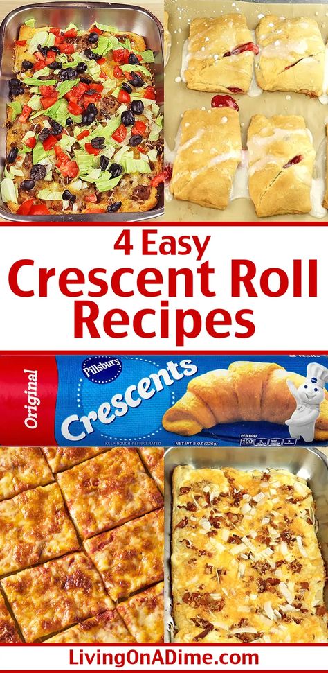 Here are 4 easy crescent roll recipes for tasty treats you can make in just minutes! Pizza bake, cherry turnovers, burrito bake and more! Crescent Dough Recipes, Easy Crescent Roll Recipes, Pillsbury Crescent Roll Recipes, Crescent Roll Recipes Dinner, Recipes Using Crescent Rolls, Easy Crescent Rolls, Turnover Recipes, Crescent Recipes, Pillsbury Recipes