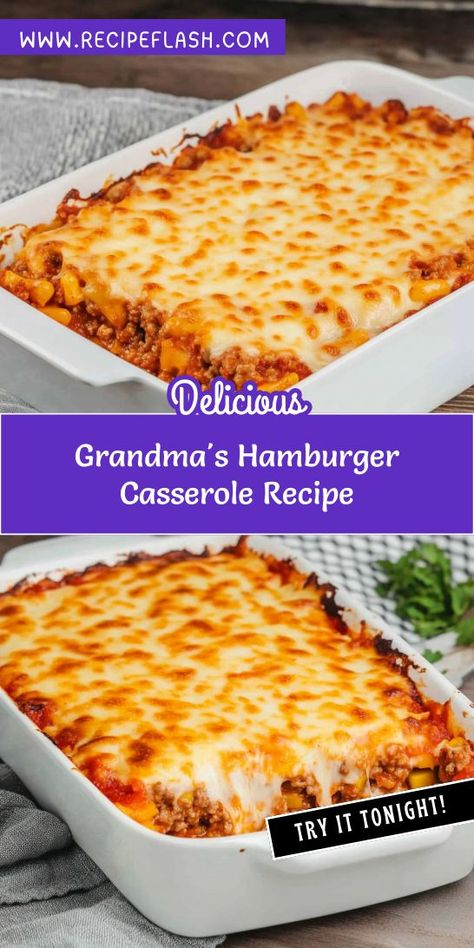 Who doesn’t love a hearty casserole that’s both delicious and simple to make? Grandma's Hamburger Casserole is a classic dish packed with flavor and nutrients. Bookmark this recipe for an effortless dinner solution the whole family will adore, making mealtime a breeze with this ground beef delight! Grandmas Delicious Recipes, Easy Yummy Supper Ideas, Hot Dishes Casserole Ground Beef, Easy Meals With Hamburger Meat Ground Beef, Hamburger Helper Casserole Recipes, Freezable Casseroles Easy, Simple Hamburger Casserole Recipes, Casseroles Using Hamburger, Hamb Meat Casseroles