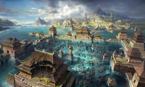 Partially submerged ruin Asia City, Fantasy Town, Landscape Concept, Fantasy City, Fantasy Castle, Biome, Fantasy Setting, Fantasy Places, Fantasy Art Landscapes