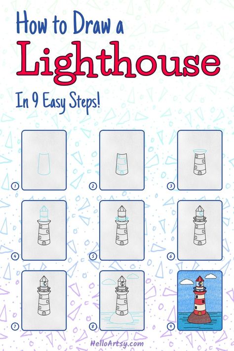 Step by step drawing lesson showing a How to Draw a LightHouse How To Draw A Lighthouse Step By Step, How To Draw Lighthouse, Lighthouse Art For Kids, How To Draw A Lighthouse, Art To Remember Projects, Draw A Lighthouse, Lighthouse Project, Nautical Drawing, Beach Drawings