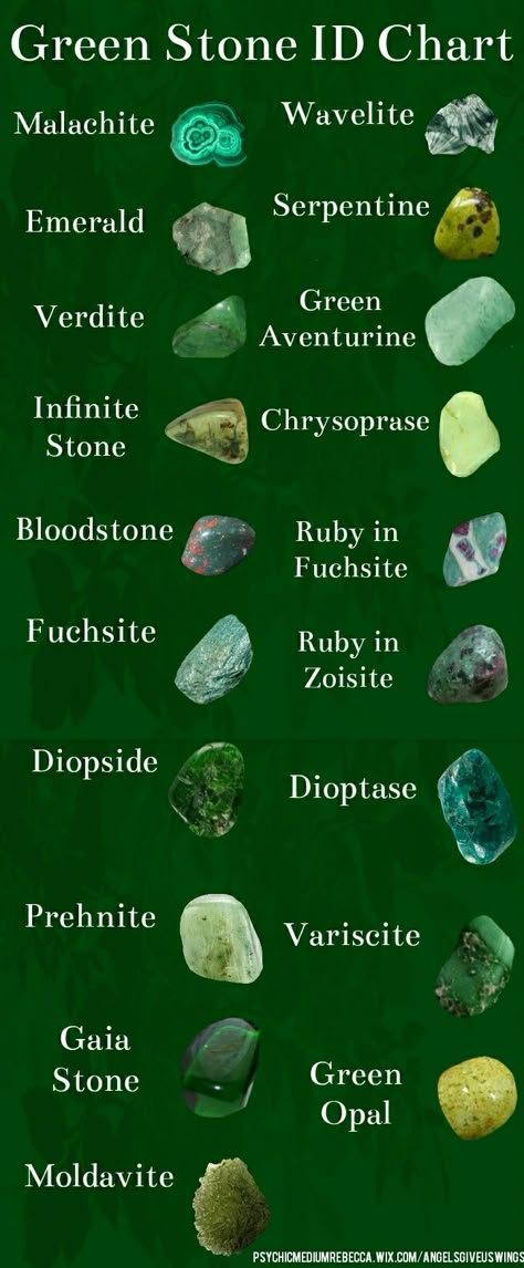 Green stone identification chart | Crystals | Pinterest | Green stone, Chart and Stone Crystal Identification, Types Of Rocks, Green Soft, Crystal Healing Stones, Rocks Crystals, Crystal Magic, Crystals Healing, Gemstones Crystals, Gems Crystals