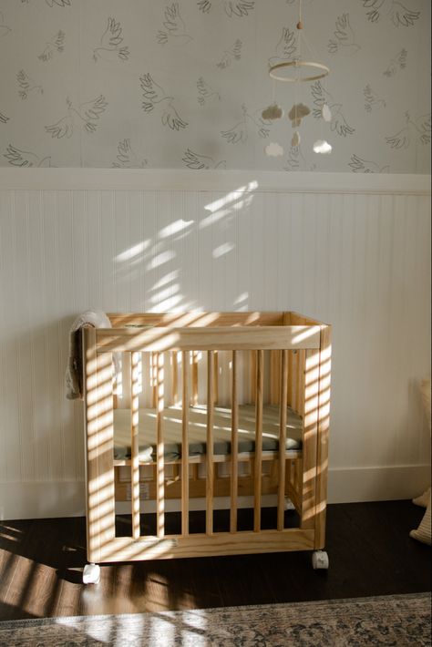 Wood Crib, Simple Nursery, Dove Bird, Soft Wallpaper, Beach House Design, Bird Wallpaper, Vintage Interior, Room Remodeling, Simple Lighting