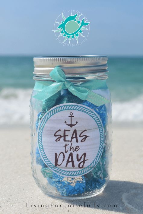 DIY Beach Themed Mason Jar | Living Porpoisefully Beach Memory Jars, Memory Jar Graduation, Appreciation Gifts Diy, Coworker Birthday Gifts, Teacher Appreciation Gifts Diy, Memory Jar, Award Ideas, Diy Beach, Volunteer Gifts