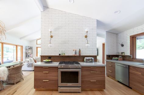 Beth Keim's Mountain Home Gets a Lucy and Company Remodel - QC Exclusive Grey Kitchen Accessories, Modern Exterior Lighting, Walnut Kitchen, Walnut Cabinets, White Subway Tile, Grey Kitchen, Concrete Countertops, Mountain Home, Shelf Design