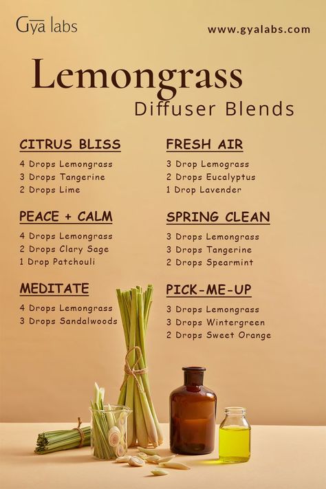 A bottle of Lemongrass essential oil blend surrounded by fresh lemongrass leaves and a diffuser, with the text "Lemongrass Essential Oil Blend for Refreshing Citrus Aromatherapy" displayed in a modern and vibrant style. Lemongrass Diffuser Blends, Diffuser Hair, Essential Oil For Skin, Oils For Diffuser, Essential Oil Perfume Blends, Top Essential Oils, Essential Oil Combinations, Doterra Essential Oils Recipes, Essential Oil Diffuser Blends Recipes