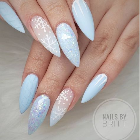 Winter Acrylics Almond, Pastel Winter Nails, Winter Wonderland Nails, Acrylic And Gel Nails, Wonderland Nails, Classy Almond Nails, Blue Christmas Nails, Snowflake Nail Design, Bday Nails