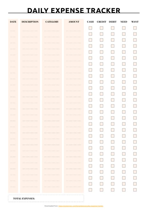 Keep your daily money spending with this pretty simple personal daily expense tracker. Using this printable template, you can learn to be more conscious about your budget. This simple tracker is great for this purpose. In order to write down where you spend your money, you need to categorize your expenses. Understandable category and short description are all you need. You can also track your spending by choosing the types of stores you shop at. Fill in the amount of money you spend on it. For e Diy Expense Tracker, Daily Financial Planner, Spending Tracker Categories, Weekly Money Tracker, How To Track Your Spending, Personal Expenses Tracker, Track Your Spending, How To Keep Track Of Money, Expenses Tracker Template