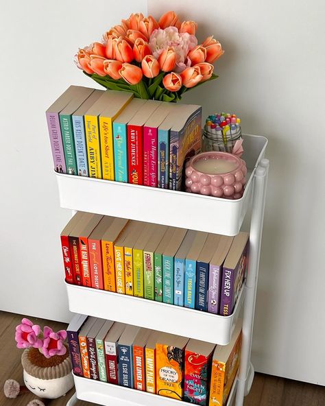 A beautiful book cart moment 🫶🏻 I can’t even call it a tbr cart anymore it’s just a bonus shelf for the books I couldn’t fit on my main shelf, I might need to get second cart soon 🫣 QOTD: what’s a song that reminds you of a certain book? . . . . . . . #bookstagram #books #booklover #book #bookworm #reading #bookshelf #fantasybooks #tbr #romancebooks #romancereader Book Room Aesthetic, Tbr Bookshelf, Tbr Cart, Hunger Games Book, Reading Bookshelf, New Hunger Games, The Hunger Games Books, Bookshelf Aesthetic, Hunger Games Books