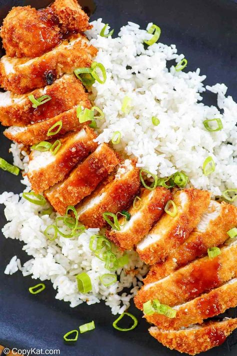 Chicken Katsu with Tonkatsu Sauce Recipe - CopyKat Recipes Crispy Rice With Chicken, Chicken Recipes For Dinner With Rice, Amazing Meals Recipes, Japanese Food With Rice, Meal Inspo Dinner, Dinner Ideas Japanese, Most Delicious Recipes, Chicken Japanese Recipes, Yummy Japanese Food