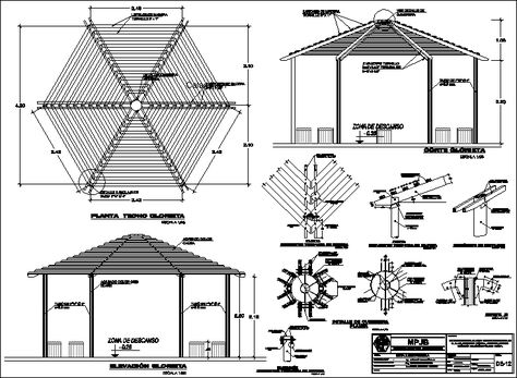 Pergola in AutoCAD | Download CAD free (323.71 KB) | Bibliocad Hexagon Pergola Design, Hexagonal Pergola, Pergola Drawing, Gazebo Blueprints, Hexagon Gazebo, Gazebo Roof, Pergola Carport, Gazebo Plans, Wooden Terrace