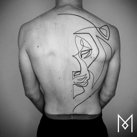 Amazing single line lion 🦁 back tattoo by Mo Ganji (@moganji) from Berlin, Germany.  Check out our Instagram channel 🔥 @styng.tattoo 🔥 for your daily dose tattoo designs, tattoo models and inspiration! Lion Back Tattoo, Tattoo Line Art, Mo Ganji, Modern Art Tattoos, One Line Tattoo, Single Line Tattoo, Tattoo Back, Lion Tattoo Design, Back Tattoos For Guys