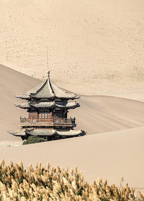 Architecture in the desert. This is China`s Gansu Jiuquan Crescent Lake scenic a , #spon, #Gansu, #Jiuquan, #China, #Architecture, #desert #ad Gansu China, Lake Landscape Design, Chinese Deserts, Crescent Lake, Desert Aesthetic, Desert Art, Lake Landscape, Chinese Architecture, Traditional Architecture