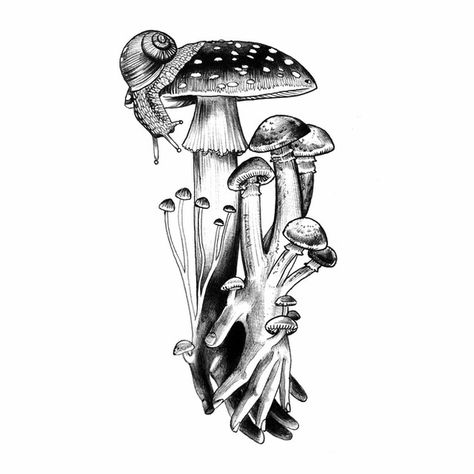 Hand in Hand | Flashbook Hannibal Tattoo, Snail Tattoo, 2023 Mood, Mushroom Tattoos, Mushroom Drawing, Horse Drawings, Custom Tattoo Design, Mushroom Art, Tattoos Ideas