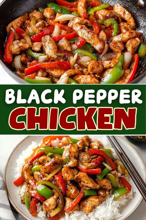 Black pepper chicken features tender chicken coated in a rich and savory pepper sauce. Serve it over steamed rice for a satisfying and quick meal. Chicken Rice And Bell Pepper Recipes, One Pot Black Pepper Chicken Recipe, Asian Chicken Bell Pepper Recipes, Chicken Pepper Rice Bowl, Recipes With Chicken Peppers And Onions, Chicken In Black Pepper Sauce, Black Pepper Chicken Instant Pot, Indian Pepper Chicken, Chicken Black Pepper Recipe