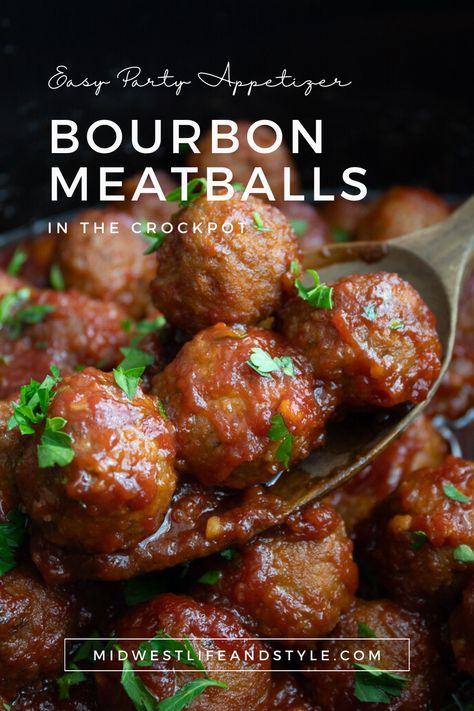 Need an easy appetizer for your next party that is both quick and delicious? These savory crockpot bourbon meatballs are always a winner! Merlot Meatballs Crockpot, Bourbon Meatballs Crockpot Appetizers, Drunken Meatballs Crock Pots, Bourbon Glazed Meatballs, Best Meat Appetizers, Lil Smokies And Meatballs Crock Pot, Party Meatballs Appetizers, Crock Pot Meatballs Appetizers, Meatballs And Weenies Crockpot