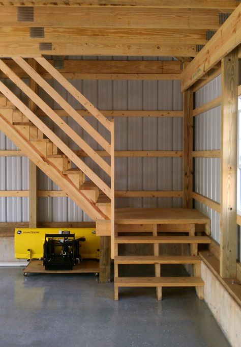 Loft Above Kitchen Ideas, Garage Loft Ideas, Shop Loft Ideas, Garage Mezzanine, Pole Barn Loft, Shop Building Ideas, Barn With Loft, Pole Barn Shop, Whimsigothic Home