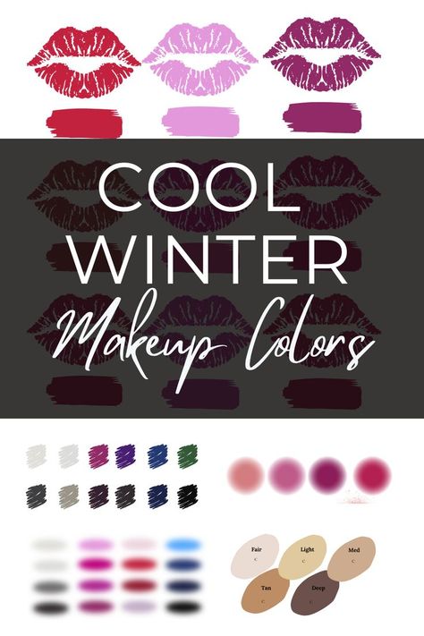 This full guide to cool winter makeup colors is spot on! Make Up For Cool Winter, Clear Winter Makeup Palette, Makeup For Winter Palette, Winter Pallete Makeup, Makeup For True Winter, Clear Winter Color Palette Makeup, Cool Winter Makeup Palette, Light Winter Makeup, Cool Winter Lipstick Colors