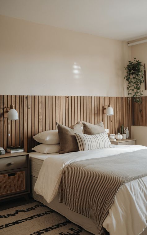 Why Wood Wall Panels Are the Game-Changer Your Home Needs | StyleYourSpaceLiving Modern Wood Paneling Walls Bedroom, Ply Wood Wall Ideas, Living Room Ideas Wood Panel Walls, False Wall Bedroom, Wooden Panel Accent Wall, Wooden Wall Headboard, Wood Plank Accent Wall Bedroom, Wood Accent Wall Master Bed, Horizontal Wood Paneling Wall