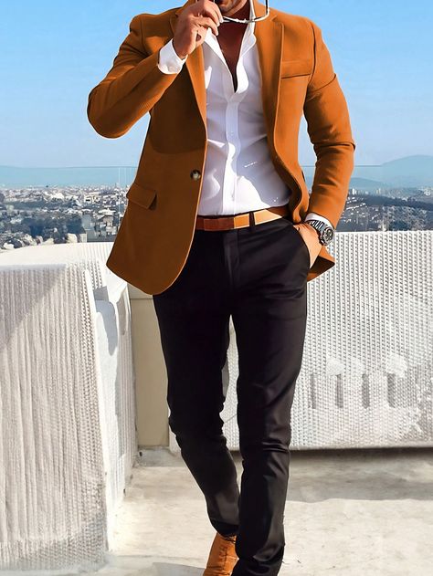 Manfinity Mode Men's Solid Color Plaid Lapel Long Sleeve Blazer And Trousers Suit SetI discovered amazing products on SHEIN.com, come check them out! Formal Fits, Mustard Blazer, Men Attire, Suit Combinations, Blazer Outfits Men, Mens Business Casual Outfits, Man Outfit, Orange Blazer, Mens Fashion Blazer