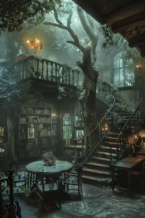 Fantasy Cottage Interior, Witch House Interior, Gothic Fireplace, Forest House Ideas, Medieval Witch, Magical Library, Witches House, Home In The Woods, Magical House