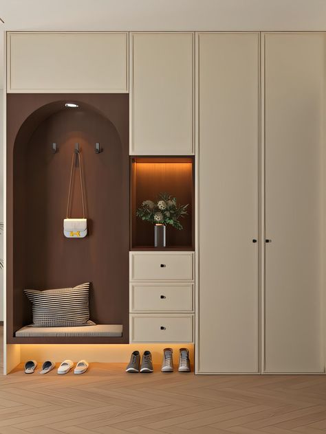 Entryway Inspirations, Chic Entryway, Organized Entryway, Closet Design Ideas, Entryway Closet, Entryway Inspiration, Stylish Cabinet, Warm Color Palette, Built In Seating