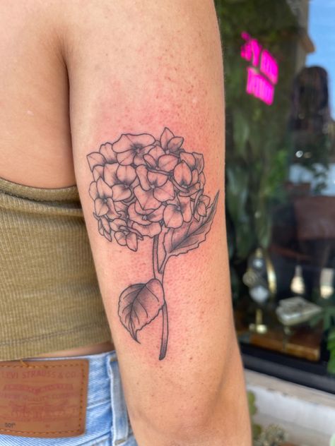 hydrangea tattoo on the back of an arm Flower Tattoo Simple, Hydrangea Tattoo, Earthy Tattoos, Cowgirl Tattoos, Tattoo Floral, Tattoo Inspiration Men, Tattoo Now, Tattoo Simple, Plant Tattoo