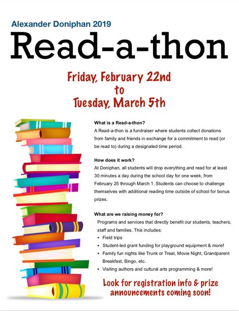 Readathon Ideas, Library Fundraiser Ideas, Fundraiser Ideas School, Library Fundraiser, Elementary School Fundraisers, Pta Events, Drop Everything And Read, Family Literacy Night, Read A Thon