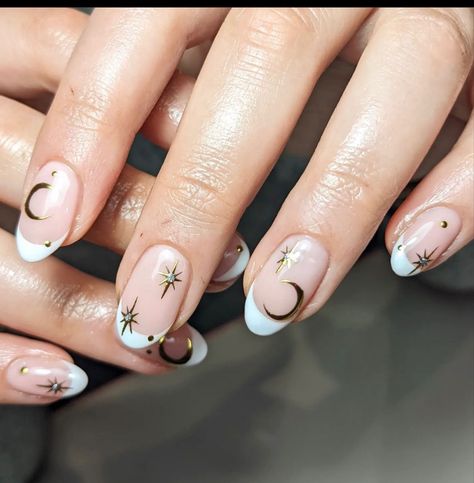 Moon Nails French Tip, Star And Moon Nails Simple, Short Nail Designs Celestial, French Moon Nails, Sun And Moon French Tip Nails, French Tip Celestial Nails, Star Wedding Nails, Short Acrylic Nails Designs Stars, Nail Art Celestial