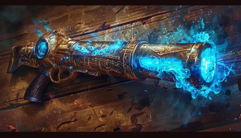 Midjourney AI Image: make an arcane rifle made of archaic arcane fantasy technology, with shards of bronze metal surround... → more in ai-img-gen.com Arcane Technology, Fantasy Technology, Energy Blast, Futuristic Aesthetic, Dnd 5e Homebrew, Magic Items, Gold And Blue, Blue Color Schemes, Bronze Metal