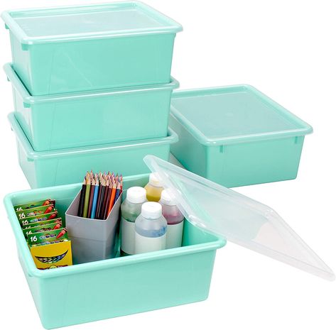 So great for storage in the classroom and organization! Fits letter size paper, handouts and workbooks Bright colors are perfect for STEAM or STEM color coding Non-snap lid opens easily and makes stacking simple Made of sturdy, drop resistant plastic; Dishwasher safe Exterior measures 13-1/8 x 10-5/8 x 5-1/4 inches Crayon Storage, Tray Organization, Storage Tray, Organizing Bins, Classroom Organization, Small Hands, Letter Size, Bright Colors, Color Coding