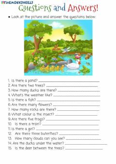 Questions and Answers Language: English Grade/level: kids 2 / kids 3 School subject: English as a Second Language (ESL) Main content: There is - there are Other contents: weather, how many, nature vocabulary, animals, colours Nature Vocabulary, English Liveworksheet, 1st Grade Math Games, Teaching Vowels, English Units, English Prepositions, First Grade Lessons, Grammar For Kids, English Worksheet