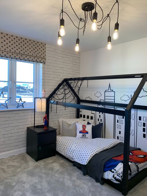 Look at this superhero themed children’s bedroom. Perfect for those spiderman crazy kids 🕷
#spiderman #actionman #superhero #boysroom #girlsroom #childrensbedroom #monochrome #kidsbedroomstyling #personalised #designercontracts #wallart #posterart Superhero Bedroom Lights, Simple Superhero Bedroom, Spider Verse Bedroom, Modern Avengers Bedroom, Superhero Bedroom Bunk Beds, Spider Man Bunk Bed, Neutral Super Hero Bedroom, Sophisticated Superhero Bedroom, Modern Spider Man Room