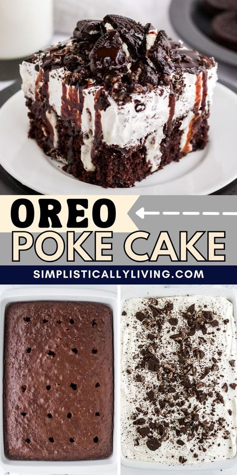 oreo poke cake on white plate Cake Recipes Oreo, Chocolate Cake Oreo, Oreo Poke Cake, Recipes Oreo, Oreo Treats, Cake Oreo, Chocolate Oreo Cake, Oreo Dessert Recipes, Chocolate Poke Cake