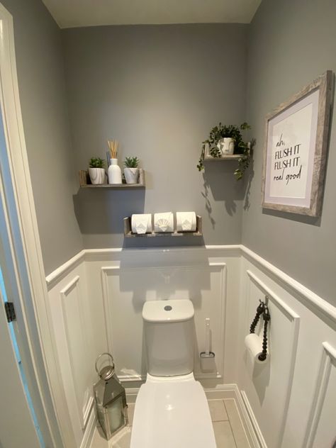 Grey Bathroom Panelling, Cloakrooms With Panelling, Small Bathroom Ideas With Panelling, Small Toilet Panelling Ideas, Cream Downstairs Toilet, Small Toilet Wood Panelling, Panelled Small Toilet, Small Bathroom Panelling Ideas, Panelling In Toilet