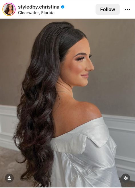 Wedding Hair Down Front Slicked, Slick Down Wedding Hair, Slick Formal Hairstyles, Wedding Sleek Hairstyles, Slicked Down Front Hair Wedding, Straight Long Hair Wedding, Wedding Hair All Down Curls, Simple Wedding Hairstyles For Long Hair Down, Best Hairstyles For Off Shoulder Dress