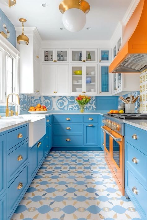 Aesthetic Kitchen Tiles, Blue White Cabinets Kitchen, Orange Kitchen Cabinets Modern, Orange Blue And White Aesthetic, Bold Color Kitchen, Retro Tiles Kitchen, Kitchen Ideas Blue Cabinets, Kitchen Ideas Flooring, Bright Blue Cabinets