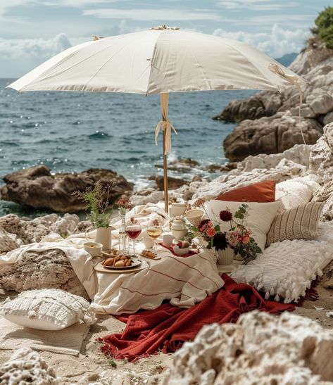 Romance with a view. A serene picnic setup on a beach. #seaaesthetic #picnicsetup #timefortwo #lovescenery #summerromance #couplesgoals Beach Picnic Setup, Beach Picnic Wedding, Beach Picnic Aesthetic, Seaside Picnic, Romantic Beach Picnic, Beach Setup, Picnic Setup, Tent Ideas, Brand Vision